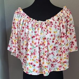 Flowy Off Shoulder Shirt Medium Ayla Floral Poppy Crop Top White Pink